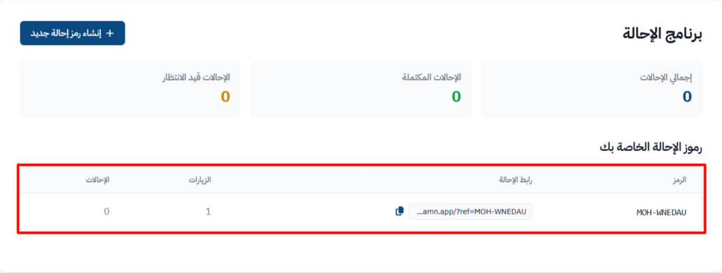 جدول رموز الإحالة مع عدد الزيارات والإحالات