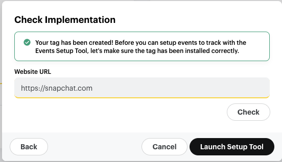 نافذة Check Implementation مع حقل رابط الموقع وزر Check