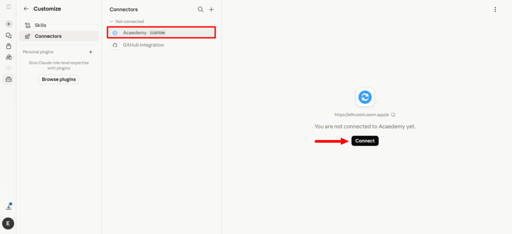 الـ Connector في قسم Not connected وزر Connect