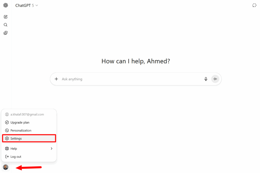 قائمة الملف الشخصي في ChatGPT وخيار Settings