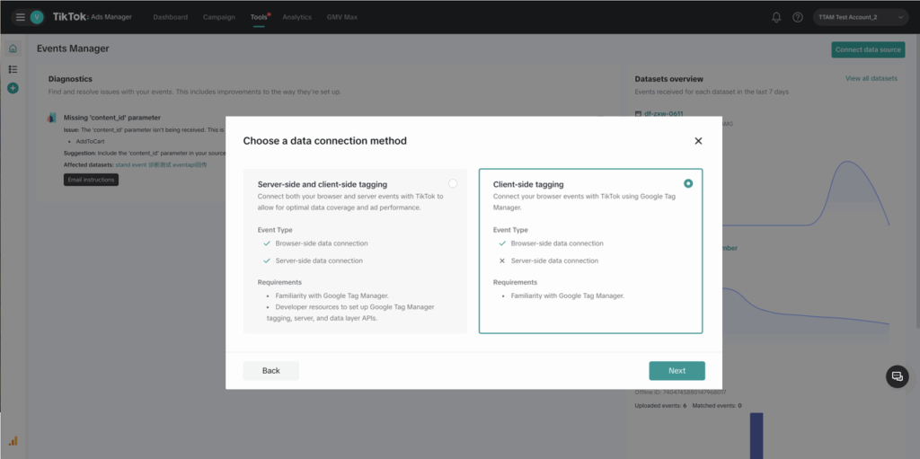 نافذة اختيار طريقة ربط البيانات مع تحديد Client-side tagging