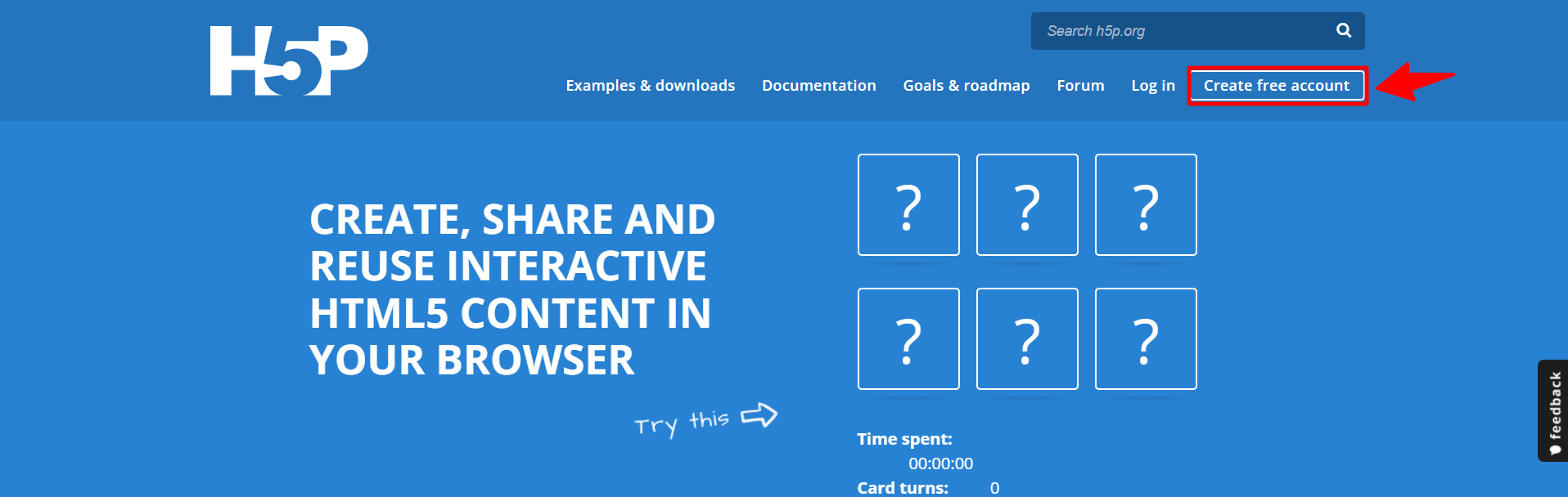 زر Create free account في الصفحة الرئيسية لموقع H5P