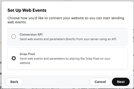 نافذة Set Up Web Events مع خيار Snap Pixel