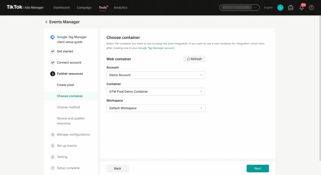 صفحة اختيار الحاوية مع حقول Account و Container و Workspace