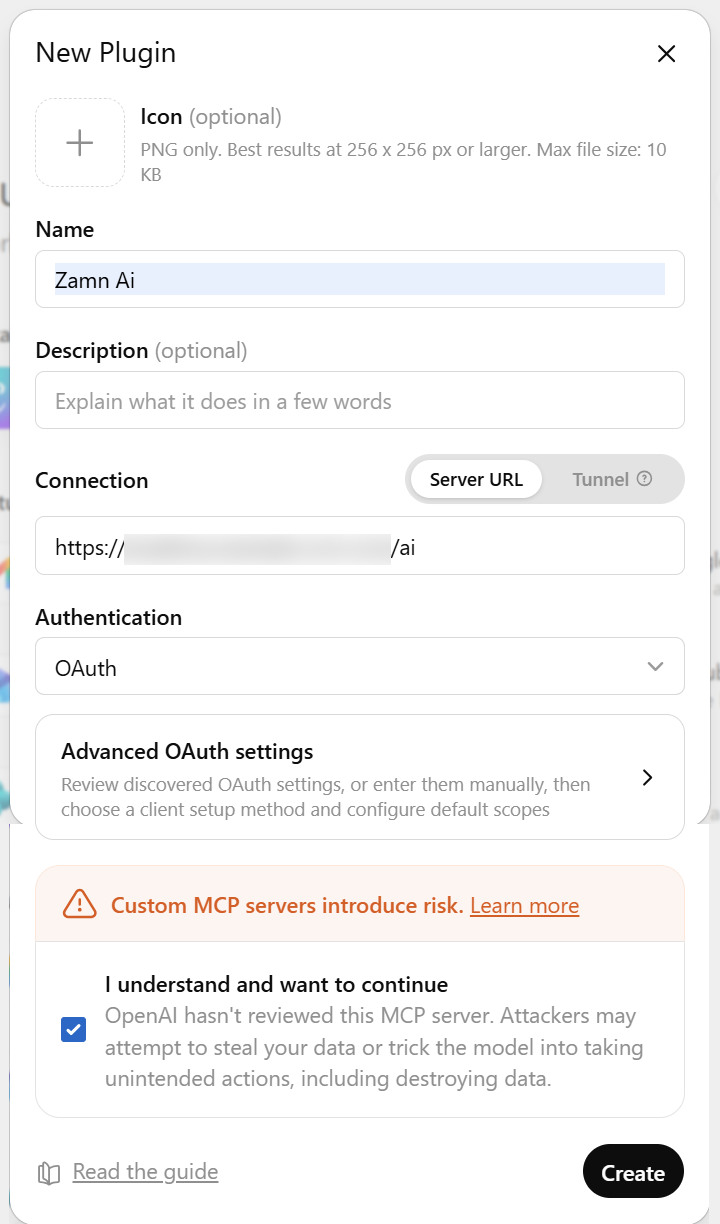 نموذج New Plugin في ChatGPT مع حقول الاسم والوصف ورابط الاتصال