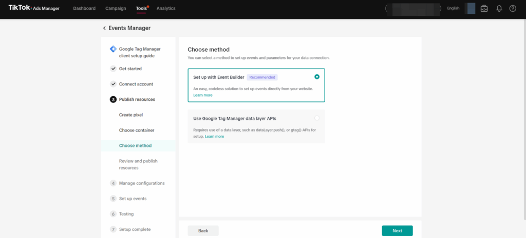 صفحة اختيار طريقة إعداد الأحداث مع خيار Event Builder الموصى به