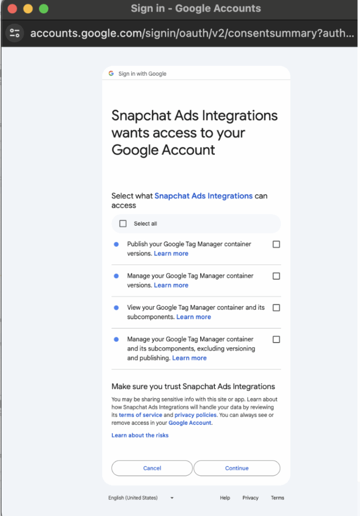 صفحة صلاحيات Snapchat Ads Integrations في حساب جوجل