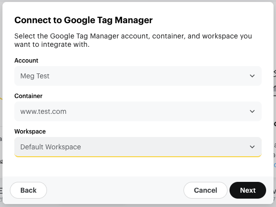 نافذة Connect to Google Tag Manager لاختيار الحساب والحاوية ومساحة العمل