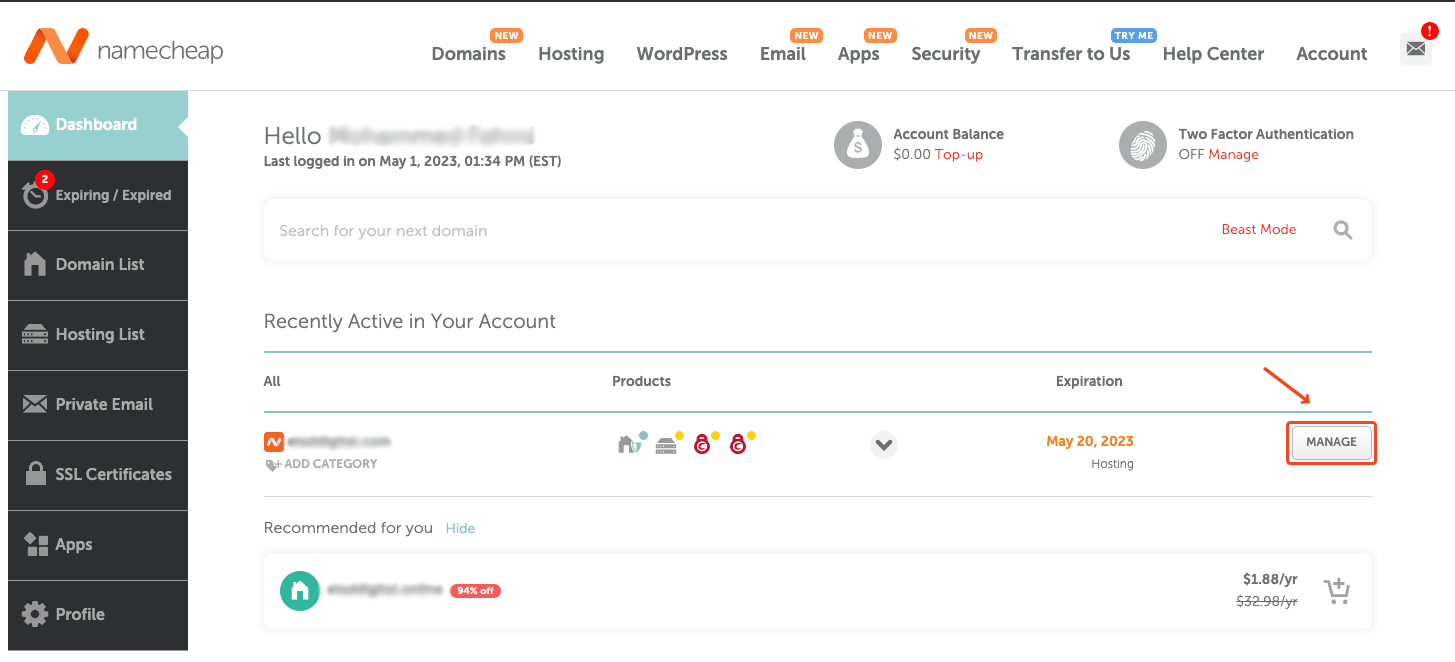 لوحة تحكم Namecheap وزر Manage بجانب الدومين