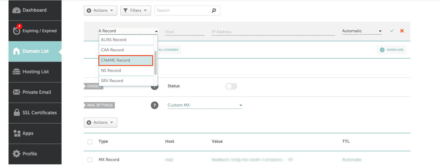 قائمة أنواع السجلات في Namecheap مع خيار CNAME Record