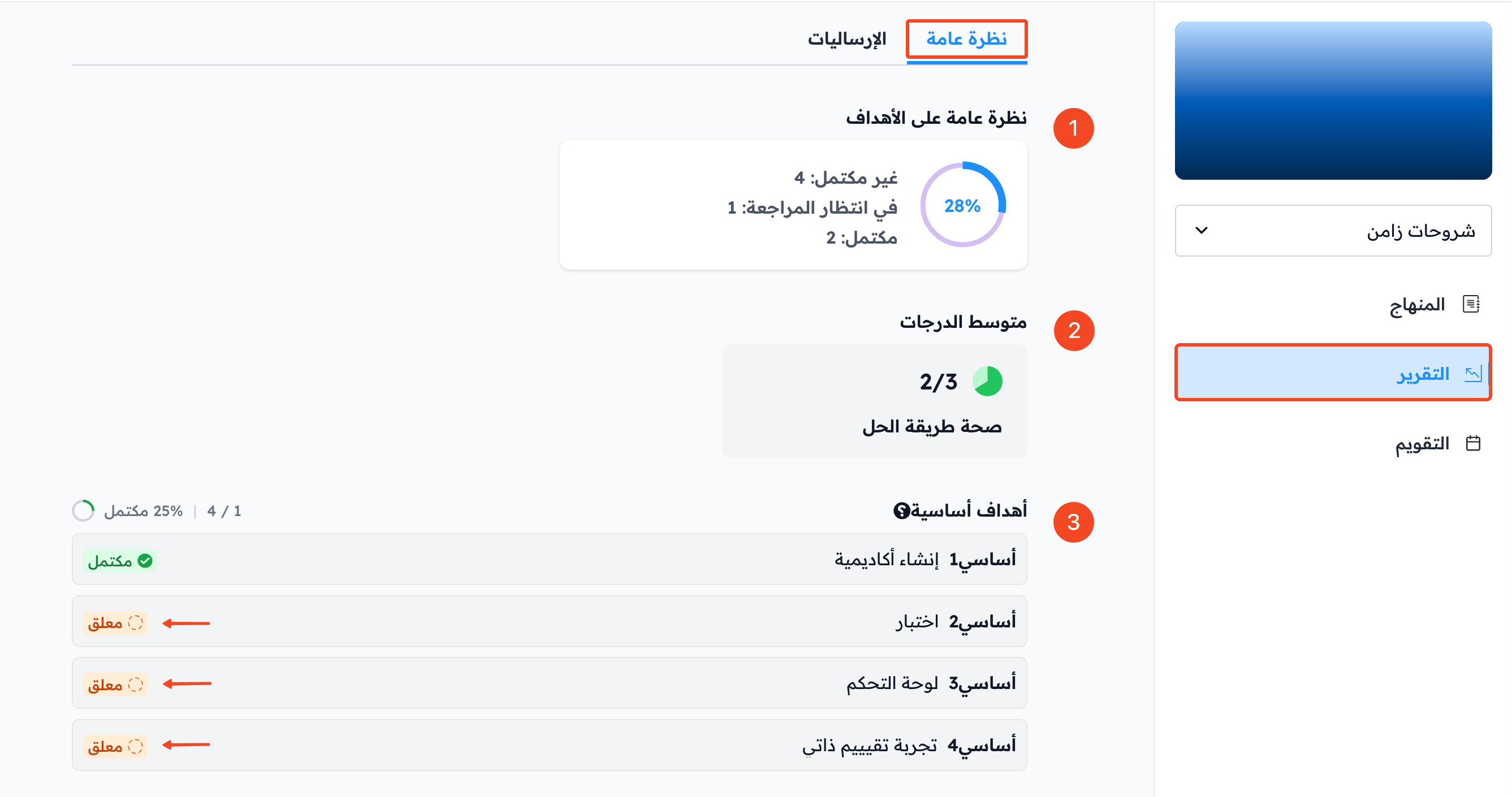 تبويب نظرة عامة ونسبة إكمال الأهداف ومتوسط الدرجات والأهداف الأساسية