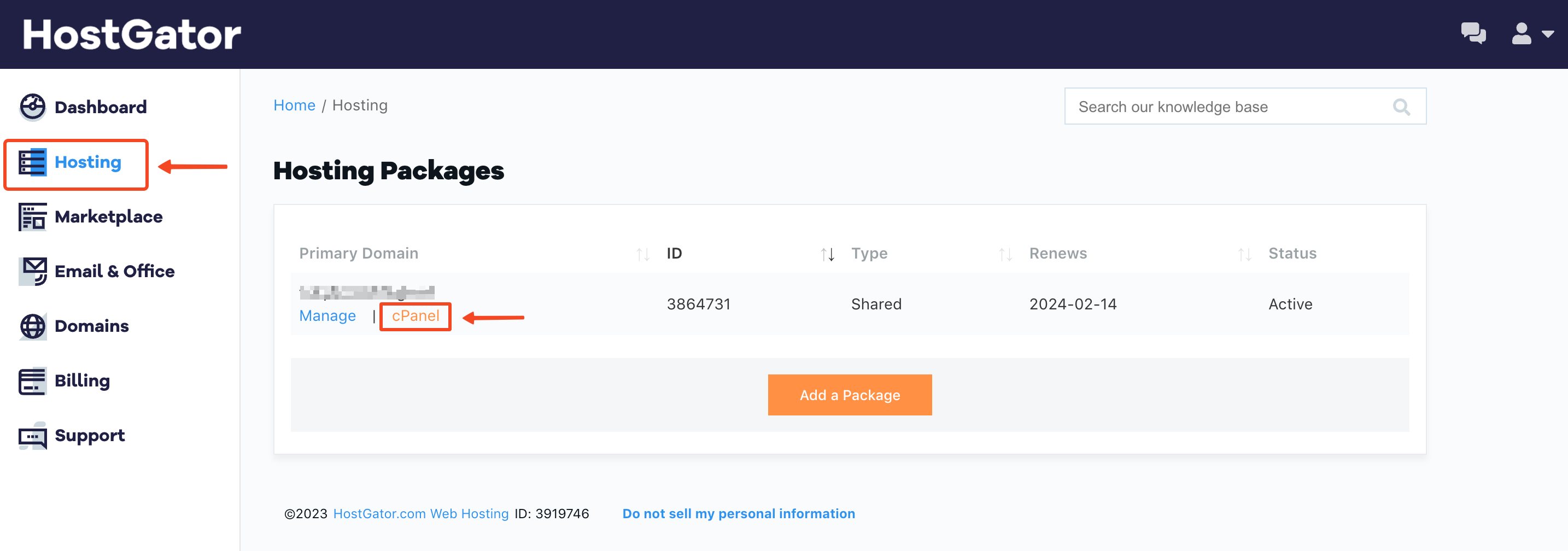 صفحة Hosting في Hostgator وزر cPanel