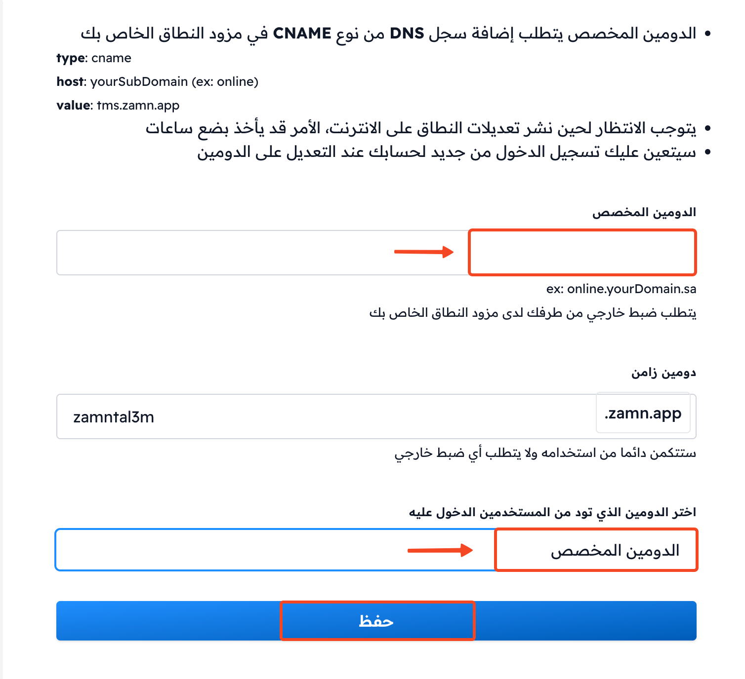نموذج الدومين مع خانة الدومين المخصص واختيار الدومين وزر حفظ