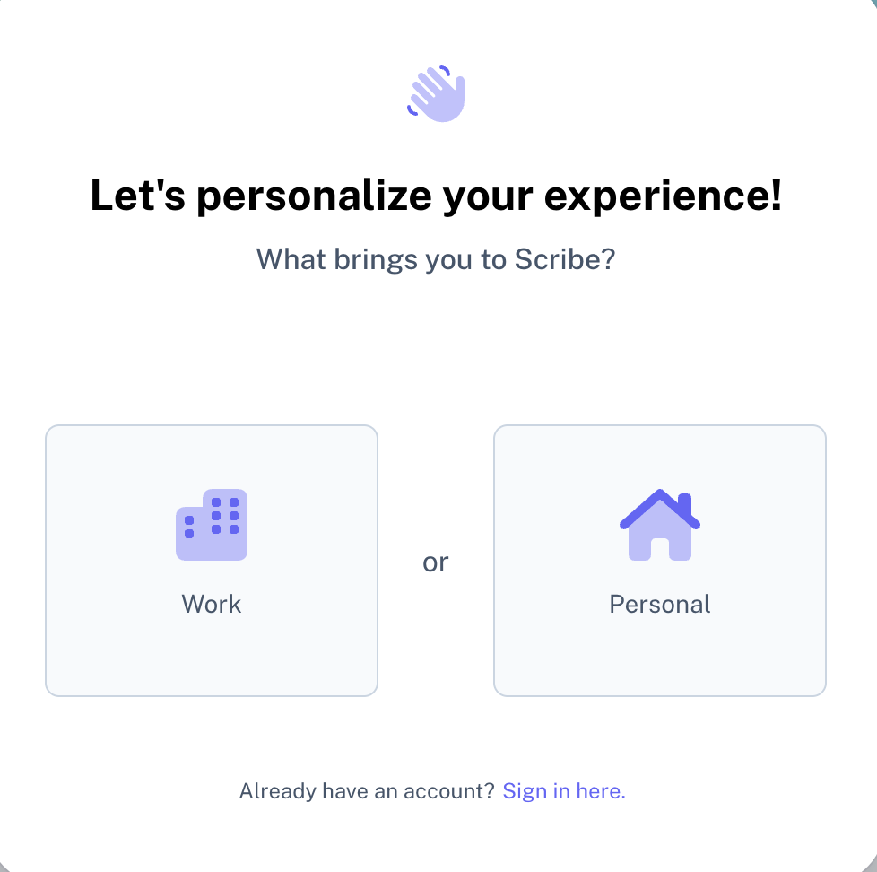 شاشة اختيار سبب استخدام ScribeHow