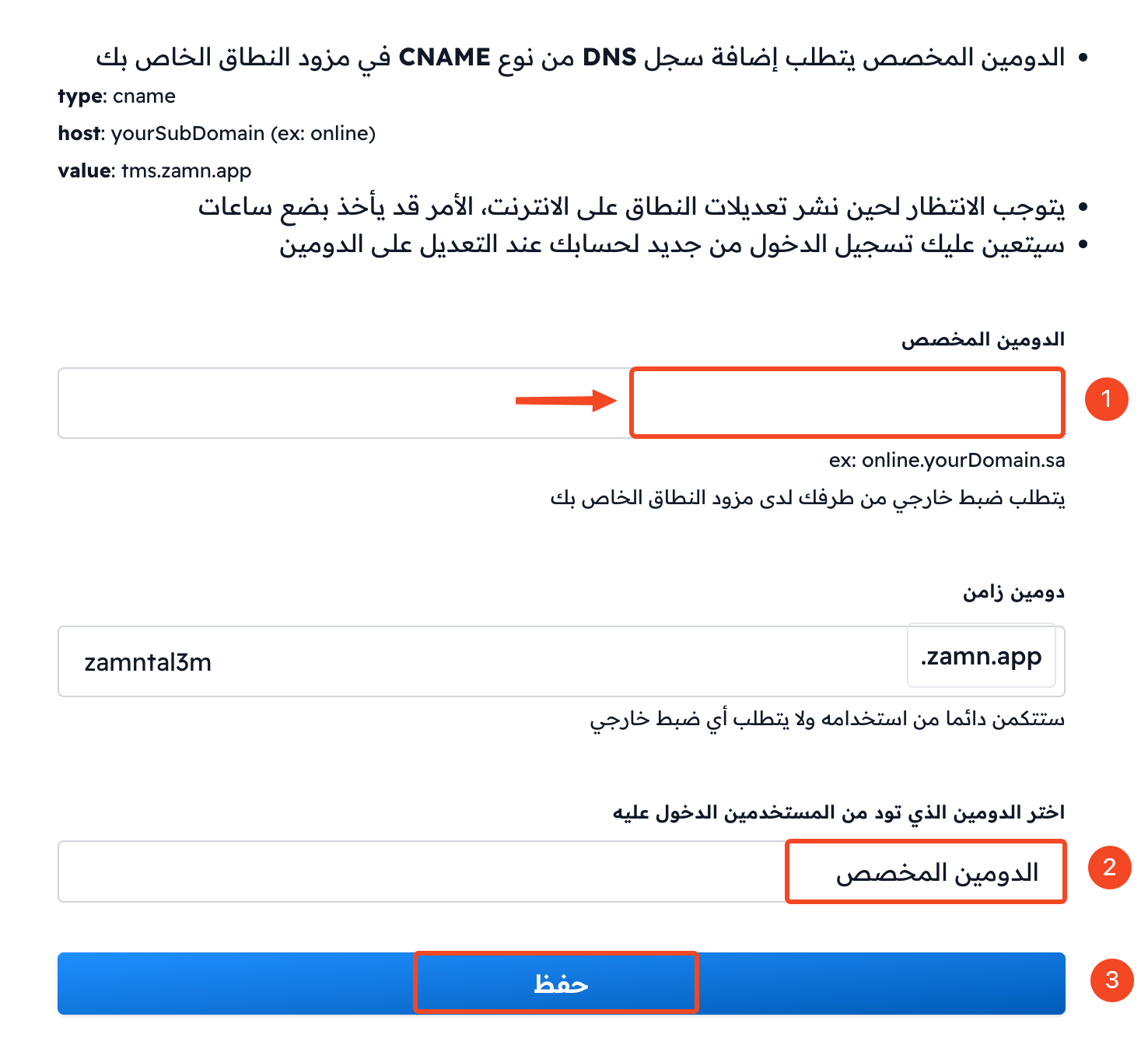 نموذج الدومين مع خانة الدومين المخصص واختيار الدومين وزر حفظ