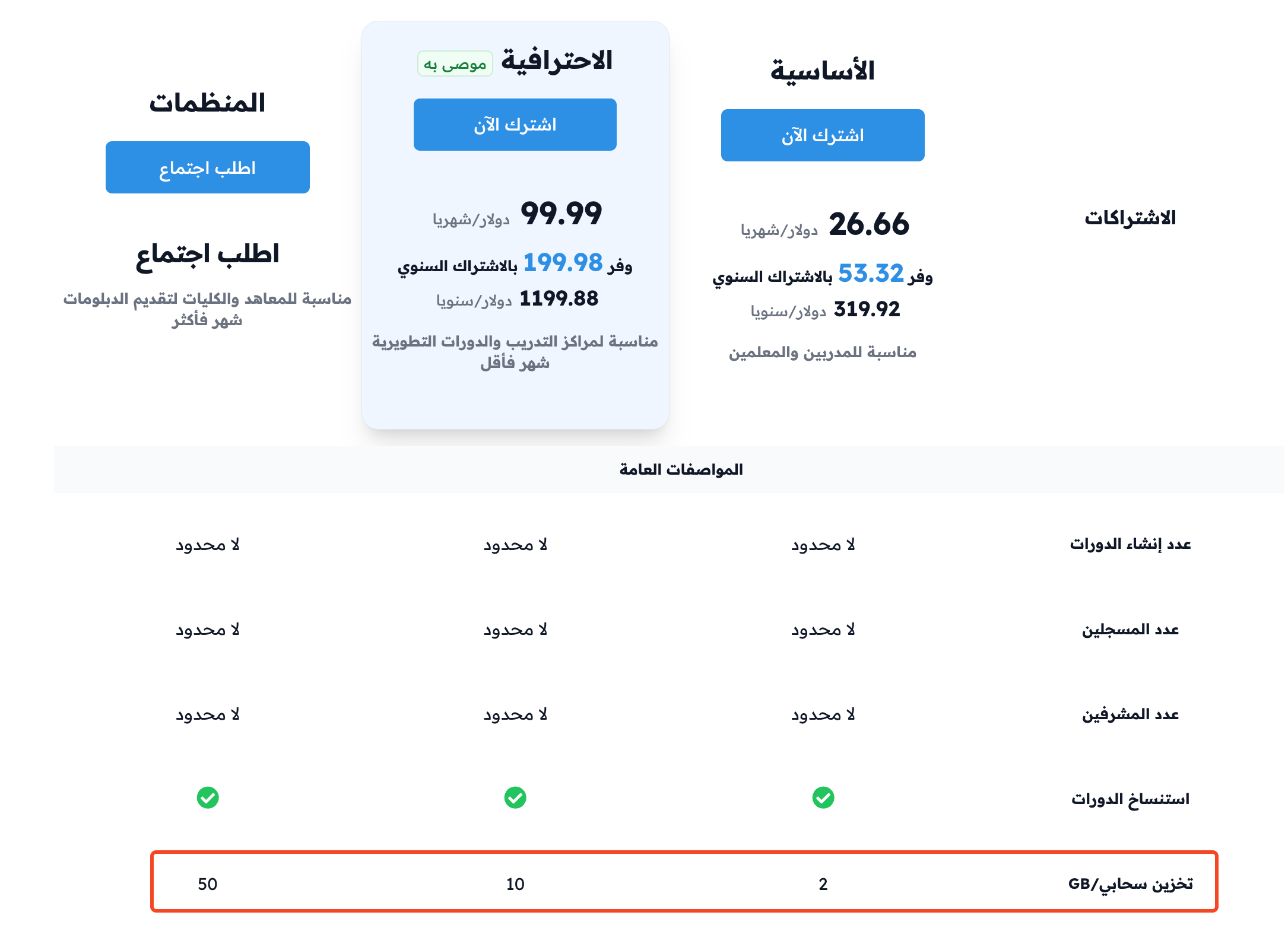 بطاقات باقات المنصات التعليمية ومساحة التخزين في كل باقة