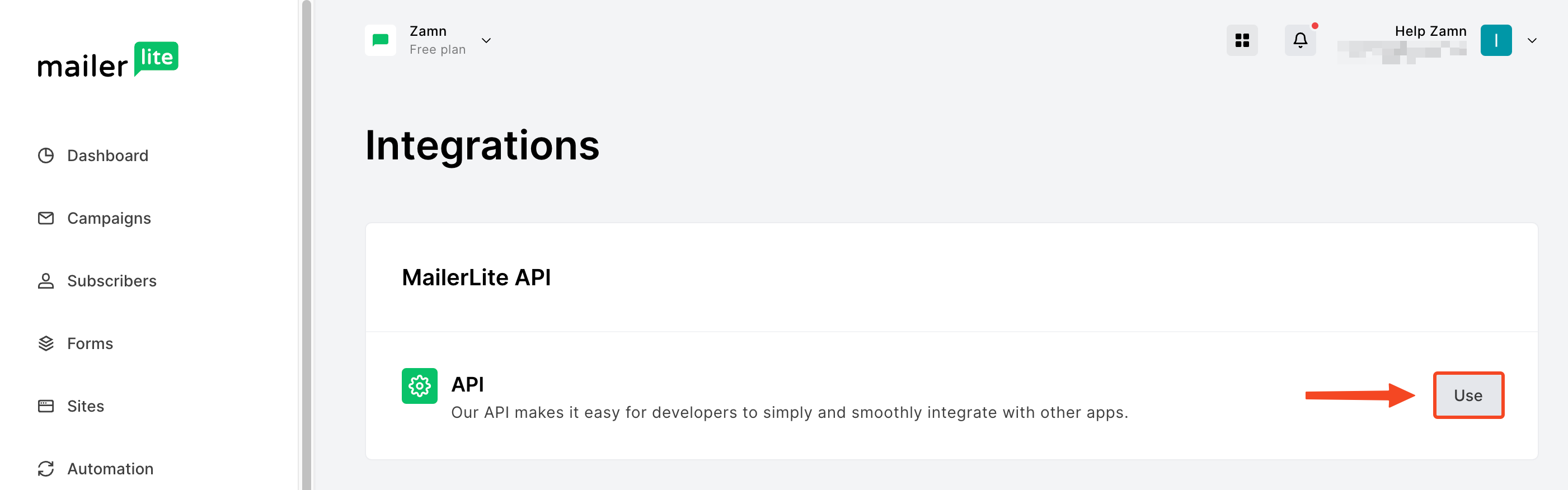 خيار API وزر Use في صفحة Integrations