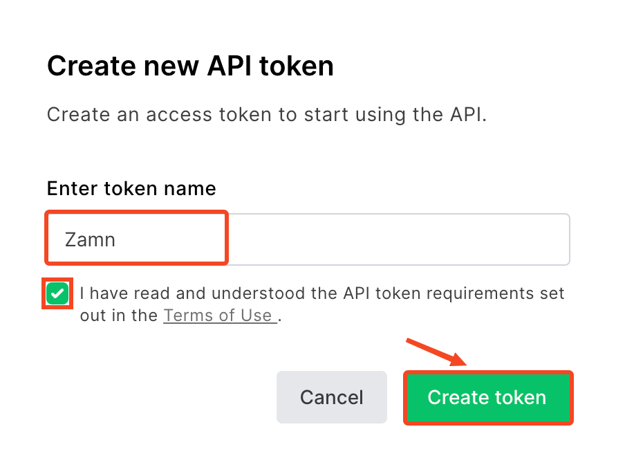 نافذة إنشاء الرمز مع حقل الاسم وزر Create token