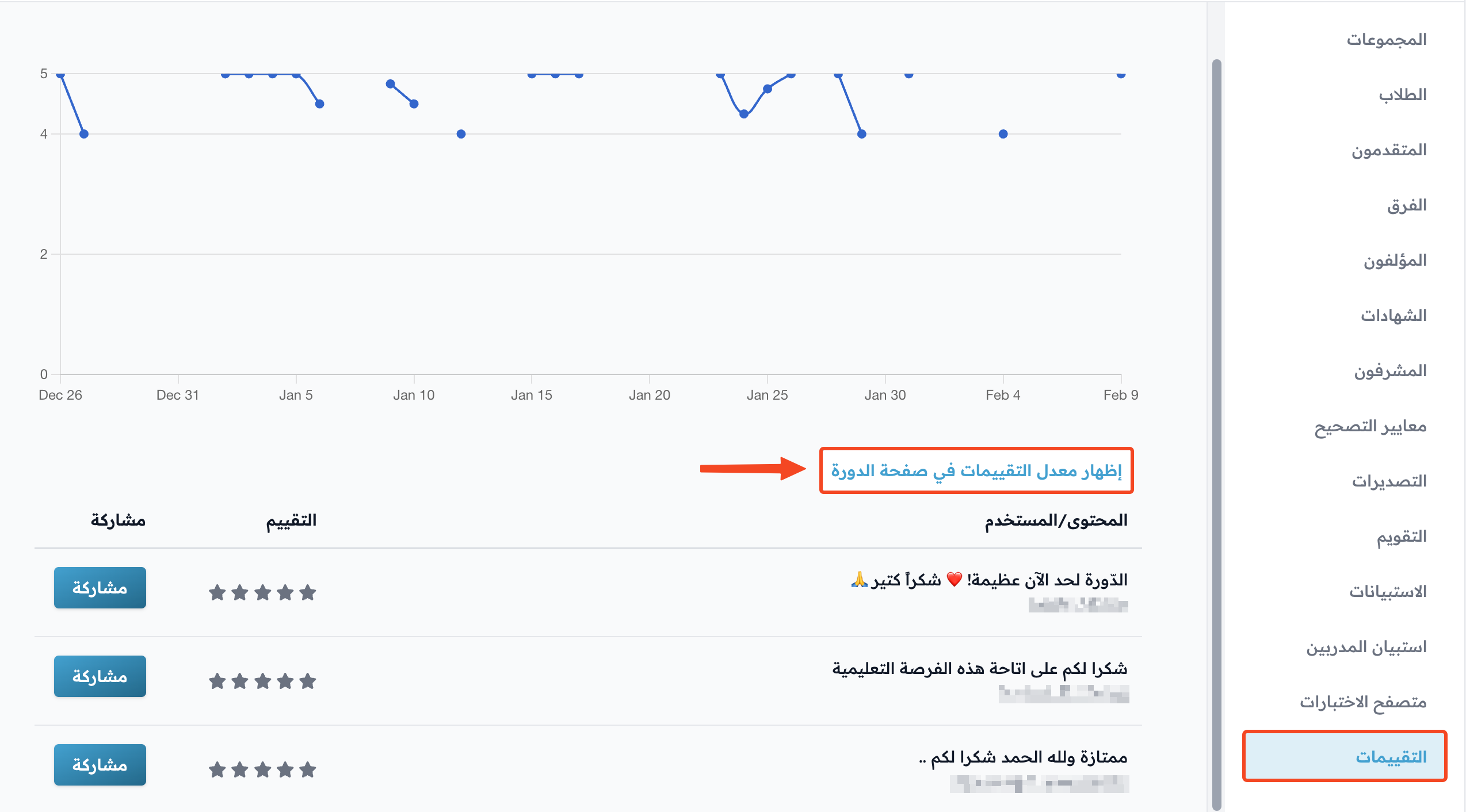 صفحة التقييمات وزر إظهار معدل التقييمات في صفحة الدورة