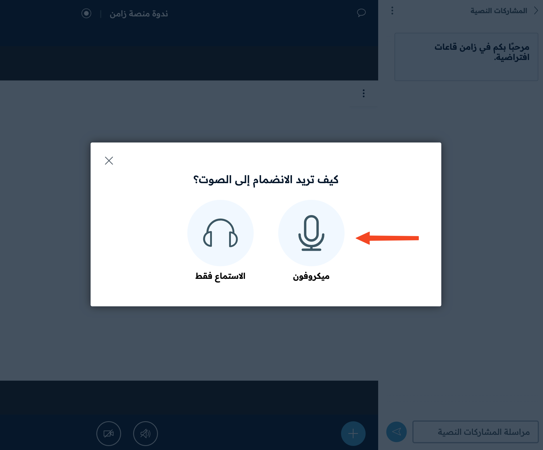 نافذة الانضمام إلى الصوت مع خيار ميكروفون