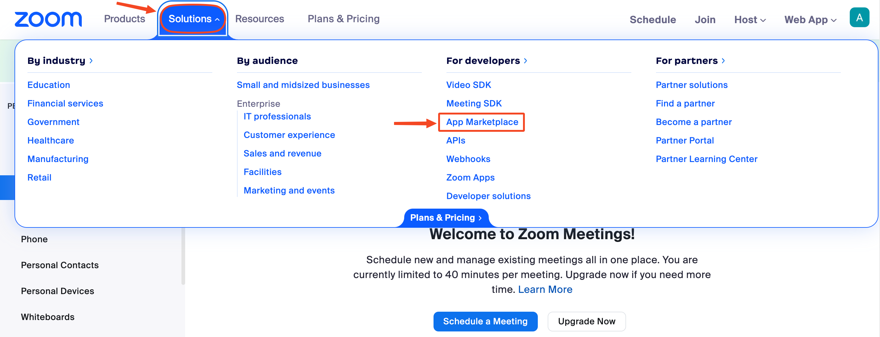 قائمة Solutions في موقع زوم وخيار App Marketplace