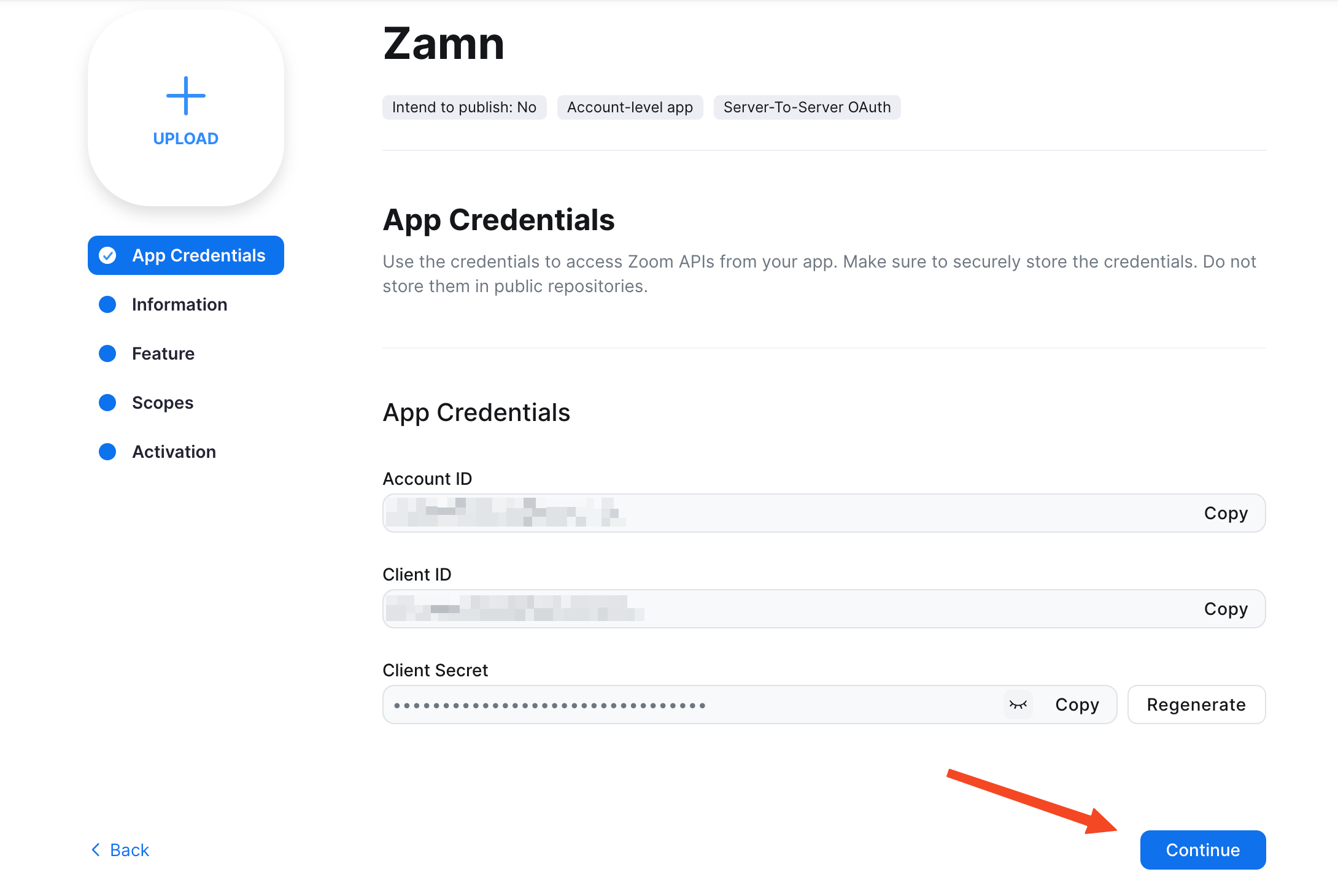 صفحة App Credentials وزر Continue في أسفلها
