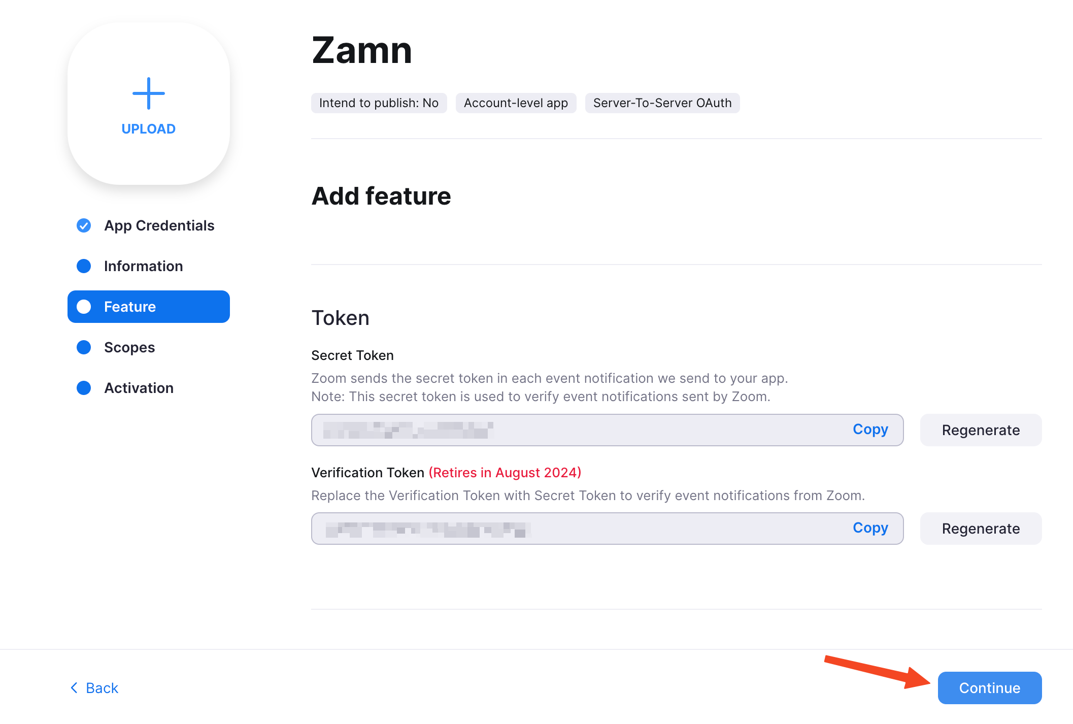 صفحة Feature وزر Continue