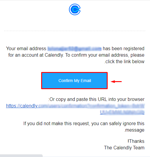 رسالة تأكيد البريد من Calendly وزر Confirm My Email