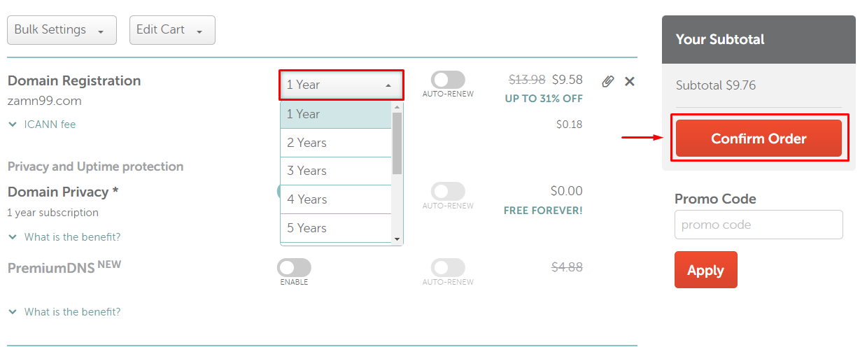 قائمة مدة حجز الدومين وزر Confirm Order