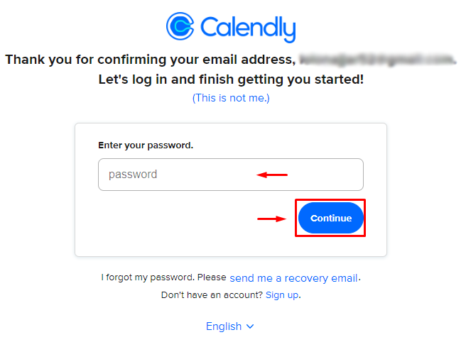 صفحة إدخال كلمة المرور في Calendly