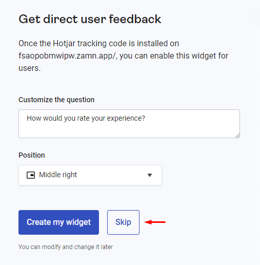 صفحة إنشاء أداة آراء المستخدمين في Hotjar وزر Skip