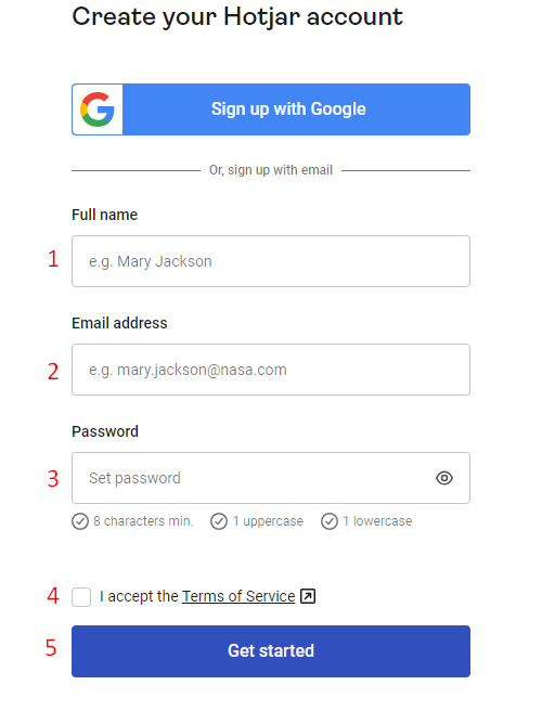 نموذج التسجيل في Hotjar وزر Get Started