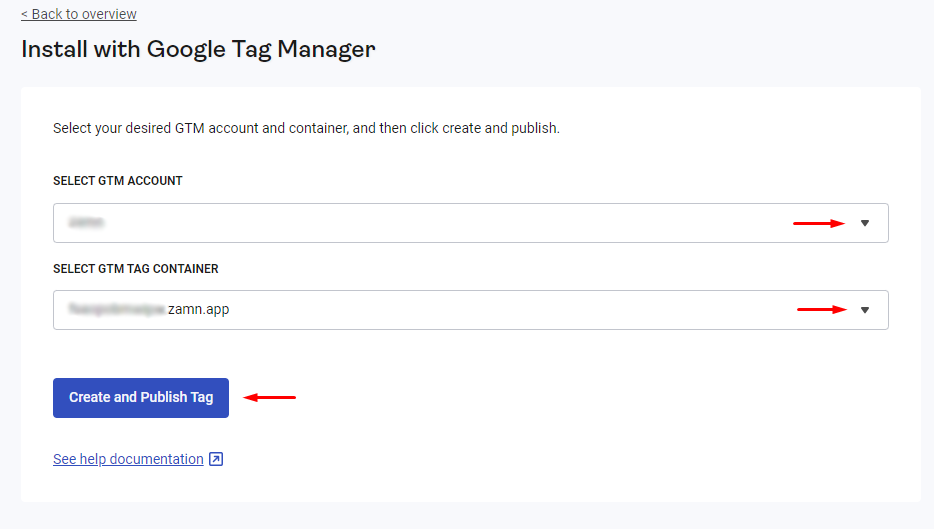 اختيار حساب وحاوية GTM وزر Create and publish tag