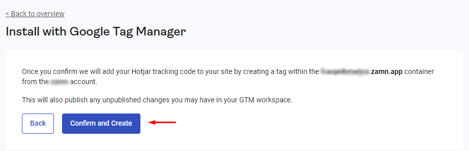 نافذة التأكيد في Hotjar وزر confirm and create