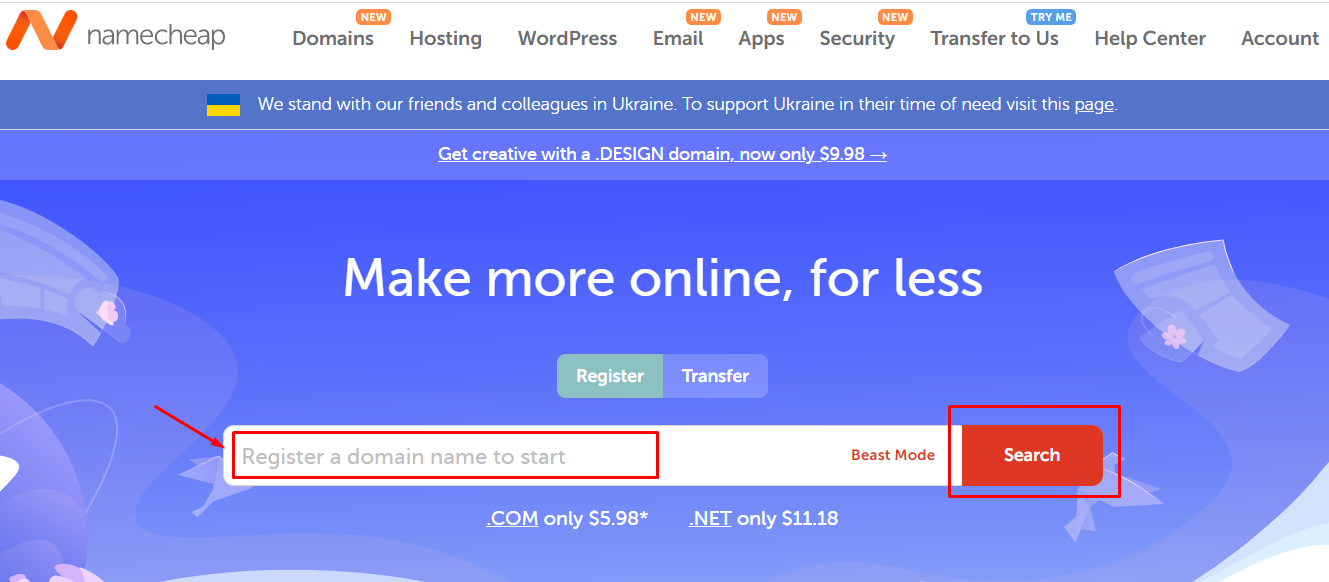 حقل البحث عن الدومين وزر Search في موقع Namecheap