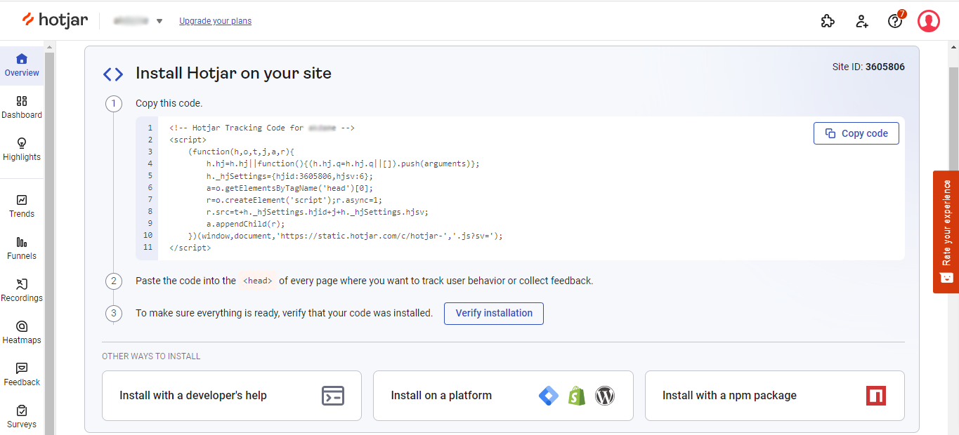 صفحة Install Hotjar on your site في حساب Hotjar