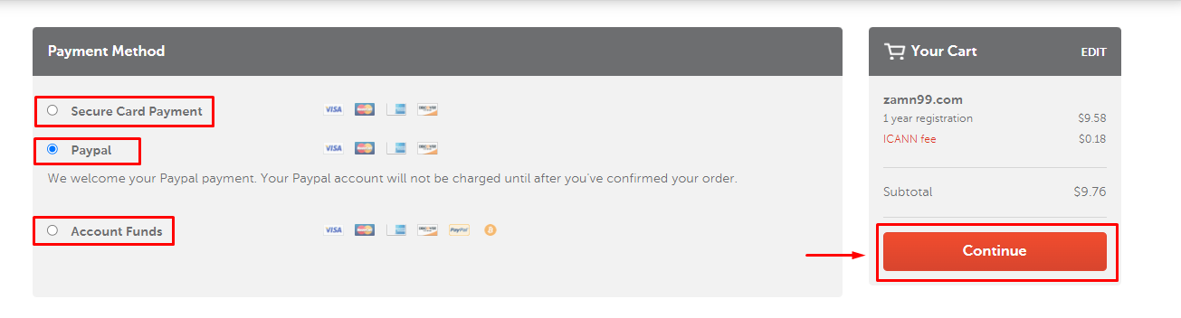 خيارات وسيلة الدفع في Namecheap وزر Continue