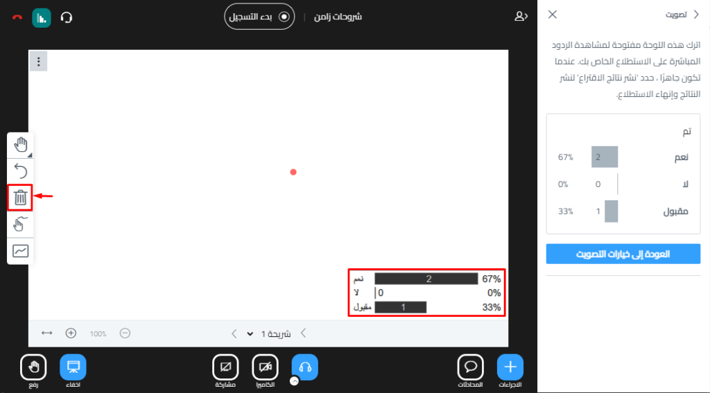 نتائج التصويت على السبورة وزر الحذف في شريط الأدوات