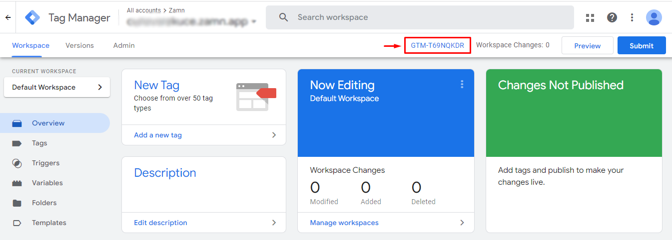 مفتاح الربط أعلى صفحة مساحة العمل في Google Tag Manager