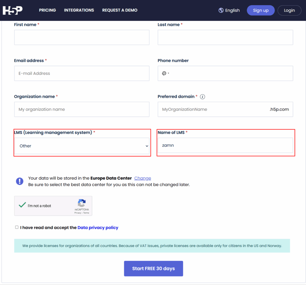 نموذج التسجيل في H5P.com للتجربة المجانية لمدة 30 يومًا