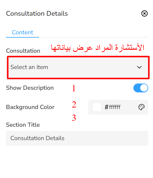 إعدادات قسم تفاصيل الاستشارة
