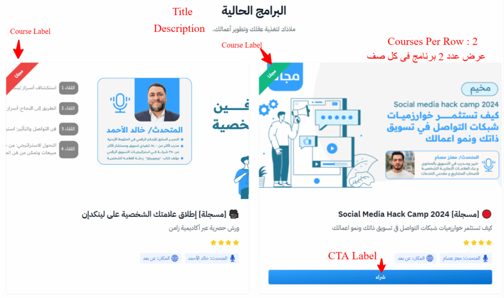 شكل قسم شبكة الدورات في الصفحة مع العنوان والوصف والملاحظات وزر الشراء
