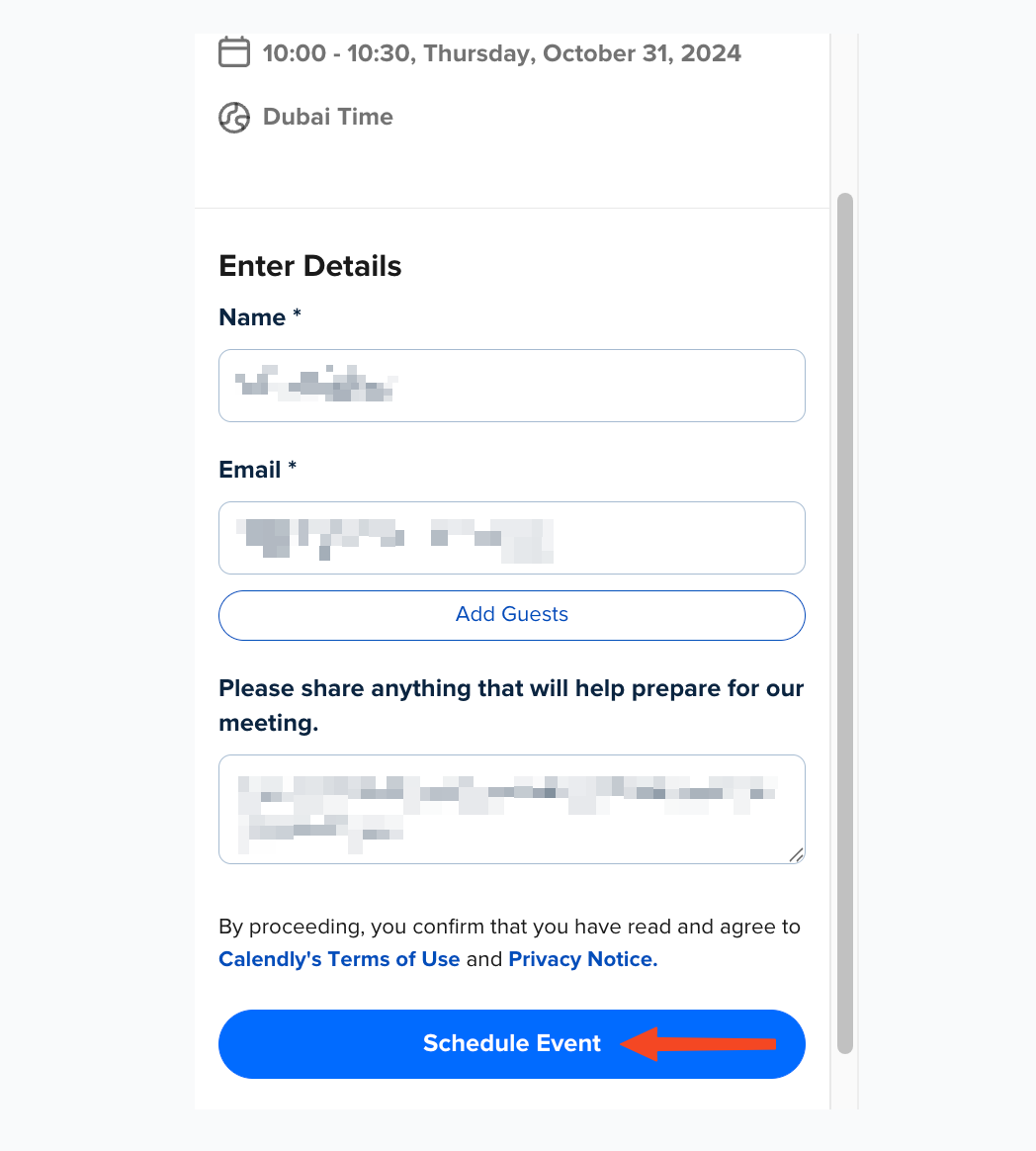 نموذج إدخال البيانات وزر Schedule Event