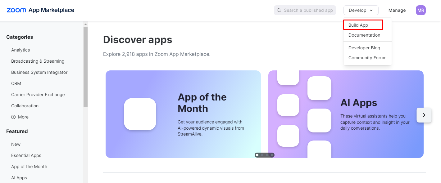 قائمة Develop في App Marketplace وخيار Build App