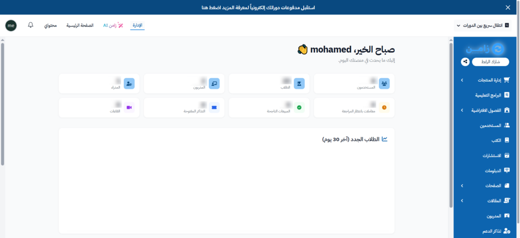The home page of the dashboard and the side menu