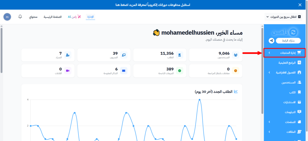 The Product Management section in the dashboard side menu