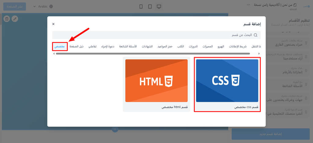 The Custom tab in the Add a section window with the custom CSS section