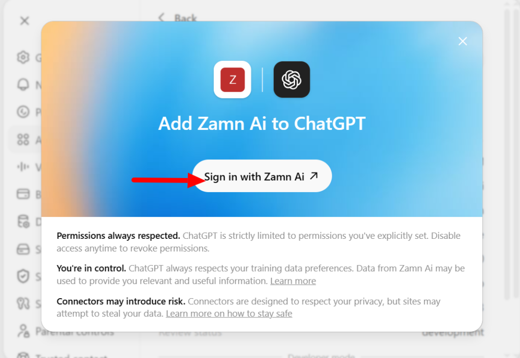 The window to add Zamn AI to ChatGPT and the Sign in with Zamn Ai button