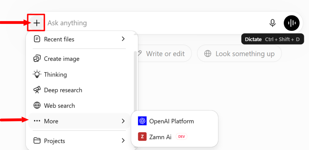 The add menu in a ChatGPT chat with the More option and the Zamn AI connection