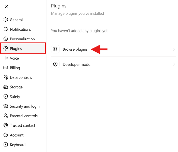 ChatGPT settings with the Plugins section and the Browse plugins option